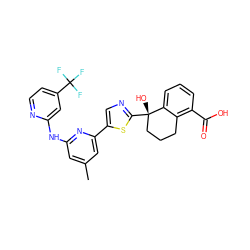 Cc1cc(Nc2cc(C(F)(F)F)ccn2)nc(-c2cnc([C@@]3(O)CCCc4c(C(=O)O)cccc43)s2)c1 ZINC000141893100