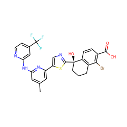 Cc1cc(Nc2cc(C(F)(F)F)ccn2)nc(-c2cnc([C@@]3(O)CCCc4c3ccc(C(=O)O)c4Br)s2)c1 ZINC000143278576