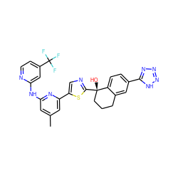 Cc1cc(Nc2cc(C(F)(F)F)ccn2)nc(-c2cnc([C@@]3(O)CCCc4cc(-c5nnn[nH]5)ccc43)s2)c1 ZINC000169704401