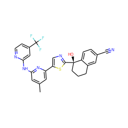 Cc1cc(Nc2cc(C(F)(F)F)ccn2)nc(-c2cnc([C@@]3(O)CCCc4cc(C#N)ccc43)s2)c1 ZINC000169704399