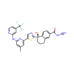 Cc1cc(Nc2cc(C(F)(F)F)ccn2)nc(-c2cnc([C@@]3(O)CCCc4cc(C(=O)NC#N)ccc43)s2)c1 ZINC000142192761