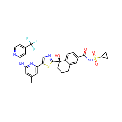 Cc1cc(Nc2cc(C(F)(F)F)ccn2)nc(-c2cnc([C@@]3(O)CCCc4cc(C(=O)NS(=O)(=O)C5CC5)ccc43)s2)c1 ZINC000169704404