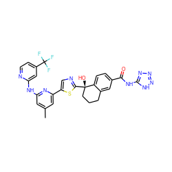 Cc1cc(Nc2cc(C(F)(F)F)ccn2)nc(-c2cnc([C@@]3(O)CCCc4cc(C(=O)Nc5nnn[nH]5)ccc43)s2)c1 ZINC000169704407