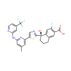 Cc1cc(Nc2cc(C(F)(F)F)ccn2)nc(-c2cnc([C@@]3(O)CCCc4cc(C(=O)O)c(F)cc43)s2)c1 ZINC000141997195