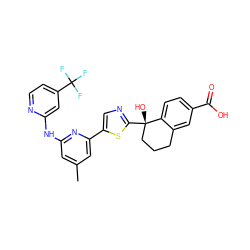 Cc1cc(Nc2cc(C(F)(F)F)ccn2)nc(-c2cnc([C@@]3(O)CCCc4cc(C(=O)O)ccc43)s2)c1 ZINC000141914121