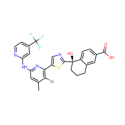 Cc1cc(Nc2cc(C(F)(F)F)ccn2)nc(-c2cnc([C@@]3(O)CCCc4cc(C(=O)O)ccc43)s2)c1Br ZINC000169704391