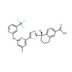 Cc1cc(Nc2cc(C(F)(F)F)ccn2)nc(-c2cnc([C@@]3(O)CCCc4cc(C(N)=O)ccc43)s2)c1 ZINC000142283415