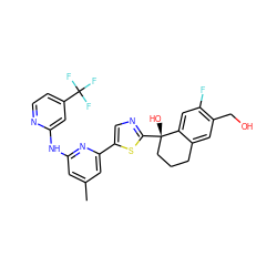 Cc1cc(Nc2cc(C(F)(F)F)ccn2)nc(-c2cnc([C@@]3(O)CCCc4cc(CO)c(F)cc43)s2)c1 ZINC000141991653