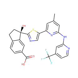 Cc1cc(Nc2cc(C(F)(F)F)ccn2)nc(-c2cnc([C@@]3(O)CCc4ccc(C(=O)O)cc43)s2)c1 ZINC000142022149