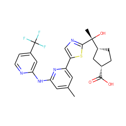 Cc1cc(Nc2cc(C(F)(F)F)ccn2)nc(-c2cnc([C@](C)(O)[C@@H]3CC[C@H](C(=O)O)C3)s2)c1 ZINC000223393065