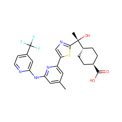 Cc1cc(Nc2cc(C(F)(F)F)ccn2)nc(-c2cnc([C@](C)(O)[C@H]3CC[C@H](C(=O)O)CC3)s2)c1 ZINC001772604488