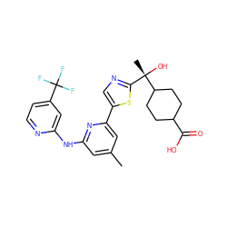 Cc1cc(Nc2cc(C(F)(F)F)ccn2)nc(-c2cnc([C@](C)(O)C3CCC(C(=O)O)CC3)s2)c1 ZINC000206875846