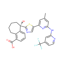 Cc1cc(Nc2cc(C(F)(F)F)ccn2)nc(-c2cnc([C@]3(O)CCCCc4c(C(=O)O)cccc43)s2)c1 ZINC000141845456