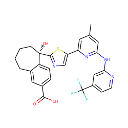 Cc1cc(Nc2cc(C(F)(F)F)ccn2)nc(-c2cnc([C@]3(O)CCCCc4cc(C(=O)O)ccc43)s2)c1 ZINC000142194754