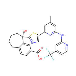 Cc1cc(Nc2cc(C(F)(F)F)ccn2)nc(-c2cnc([C@]3(O)CCCCc4ccc(C(=O)O)cc43)s2)c1 ZINC000141826911