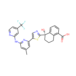 Cc1cc(Nc2cc(C(F)(F)F)ccn2)nc(-c2cnc([C@]3(O)CCCc4c(C(=O)O)cccc43)s2)c1 ZINC000142018023