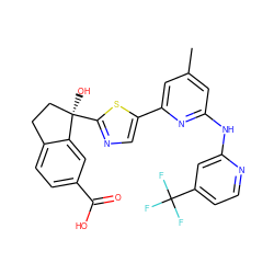 Cc1cc(Nc2cc(C(F)(F)F)ccn2)nc(-c2cnc([C@]3(O)CCc4ccc(C(=O)O)cc43)s2)c1 ZINC000142022363