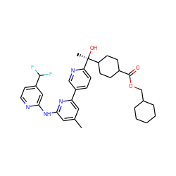 Cc1cc(Nc2cc(C(F)F)ccn2)nc(-c2ccc([C@@](C)(O)C3CCC(C(=O)OCC4CCCCC4)CC3)nc2)c1 ZINC000150168572