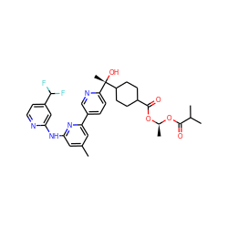 Cc1cc(Nc2cc(C(F)F)ccn2)nc(-c2ccc([C@](C)(O)C3CCC(C(=O)O[C@H](C)OC(=O)C(C)C)CC3)nc2)c1 ZINC000149849674