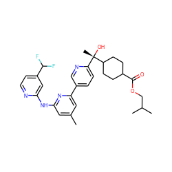 Cc1cc(Nc2cc(C(F)F)ccn2)nc(-c2ccc([C@](C)(O)C3CCC(C(=O)OCC(C)C)CC3)nc2)c1 ZINC000205902164