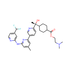 Cc1cc(Nc2cc(C(F)F)ccn2)nc(-c2ccc([C@](C)(O)C3CCC(C(=O)OCCN(C)C)CC3)nc2)c1 ZINC000205910202