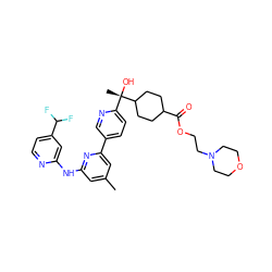 Cc1cc(Nc2cc(C(F)F)ccn2)nc(-c2ccc([C@](C)(O)C3CCC(C(=O)OCCN4CCOCC4)CC3)nc2)c1 ZINC000205904684