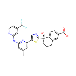 Cc1cc(Nc2cc(C(F)F)ccn2)nc(-c2cnc([C@@]3(O)CCCc4cc(C(=O)O)ccc43)s2)c1 ZINC000169704411