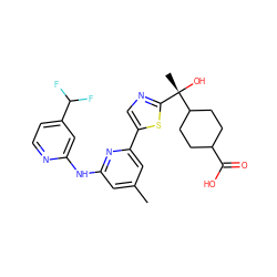 Cc1cc(Nc2cc(C(F)F)ccn2)nc(-c2cnc([C@](C)(O)C3CCC(C(=O)O)CC3)s2)c1 ZINC000223352352