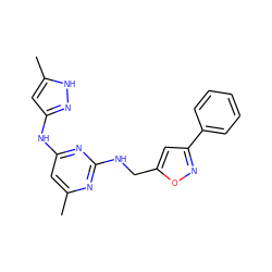 Cc1cc(Nc2cc(C)[nH]n2)nc(NCc2cc(-c3ccccc3)no2)n1 ZINC000203003324