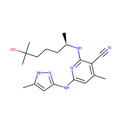 Cc1cc(Nc2cc(C)c(C#N)c(N[C@H](C)CCCC(C)(C)O)n2)n[nH]1 ZINC000071295348