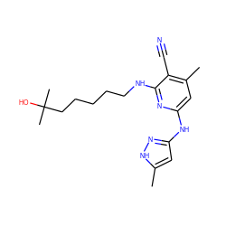 Cc1cc(Nc2cc(C)c(C#N)c(NCCCCCC(C)(C)O)n2)n[nH]1 ZINC000071333114