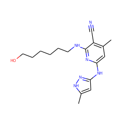 Cc1cc(Nc2cc(C)c(C#N)c(NCCCCCCO)n2)n[nH]1 ZINC000071331763