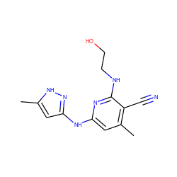 Cc1cc(Nc2cc(C)c(C#N)c(NCCO)n2)n[nH]1 ZINC000071334690