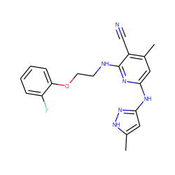 Cc1cc(Nc2cc(C)c(C#N)c(NCCOc3ccccc3F)n2)n[nH]1 ZINC000116698288