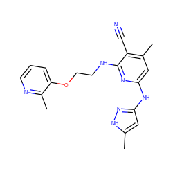 Cc1cc(Nc2cc(C)c(C#N)c(NCCOc3cccnc3C)n2)n[nH]1 ZINC000043133538