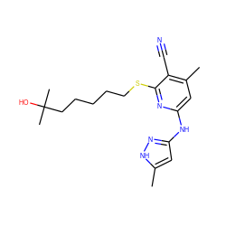 Cc1cc(Nc2cc(C)c(C#N)c(SCCCCCC(C)(C)O)n2)n[nH]1 ZINC000071334580