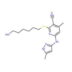 Cc1cc(Nc2cc(C)c(C#N)c(SCCCCCCN)n2)n[nH]1 ZINC000071334735