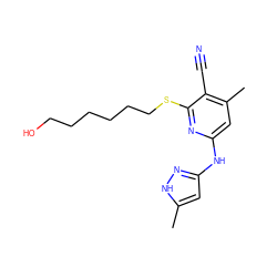 Cc1cc(Nc2cc(C)c(C#N)c(SCCCCCCO)n2)n[nH]1 ZINC000071331873