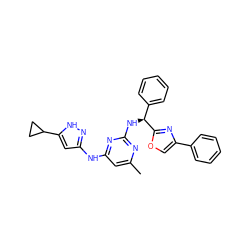 Cc1cc(Nc2cc(C3CC3)[nH]n2)nc(N[C@@H](c2ccccc2)c2nc(-c3ccccc3)co2)n1 ZINC000202669994