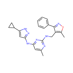 Cc1cc(Nc2cc(C3CC3)[nH]n2)nc(NCc2c(-c3ccccc3)noc2C)n1 ZINC000203007974