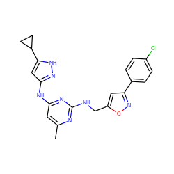 Cc1cc(Nc2cc(C3CC3)[nH]n2)nc(NCc2cc(-c3ccc(Cl)cc3)no2)n1 ZINC000203007878