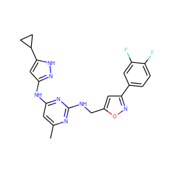 Cc1cc(Nc2cc(C3CC3)[nH]n2)nc(NCc2cc(-c3ccc(F)c(F)c3)no2)n1 ZINC000140581572