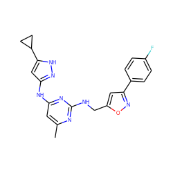 Cc1cc(Nc2cc(C3CC3)[nH]n2)nc(NCc2cc(-c3ccc(F)cc3)no2)n1 ZINC000203003156