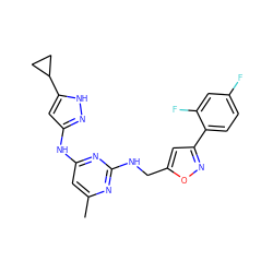 Cc1cc(Nc2cc(C3CC3)[nH]n2)nc(NCc2cc(-c3ccc(F)cc3F)no2)n1 ZINC000203004814