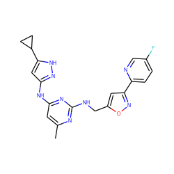 Cc1cc(Nc2cc(C3CC3)[nH]n2)nc(NCc2cc(-c3ccc(F)cn3)no2)n1 ZINC000203004712