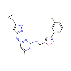 Cc1cc(Nc2cc(C3CC3)[nH]n2)nc(NCc2cc(-c3cccc(Br)c3)no2)n1 ZINC000203008529