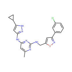 Cc1cc(Nc2cc(C3CC3)[nH]n2)nc(NCc2cc(-c3cccc(Cl)c3)no2)n1 ZINC000203005510