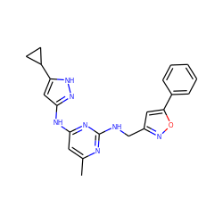 Cc1cc(Nc2cc(C3CC3)[nH]n2)nc(NCc2cc(-c3ccccc3)on2)n1 ZINC000203003370