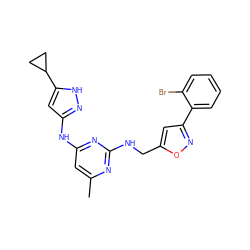 Cc1cc(Nc2cc(C3CC3)[nH]n2)nc(NCc2cc(-c3ccccc3Br)no2)n1 ZINC000203008777