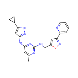 Cc1cc(Nc2cc(C3CC3)[nH]n2)nc(NCc2cc(-c3ccccn3)no2)n1 ZINC000203003563